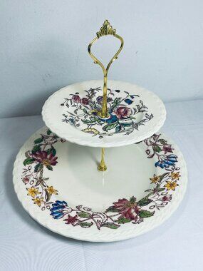 VNTG 2-Tier Tidbit Tray Vernon Kilns May Flower Plates, New Gold Handle 1940-50